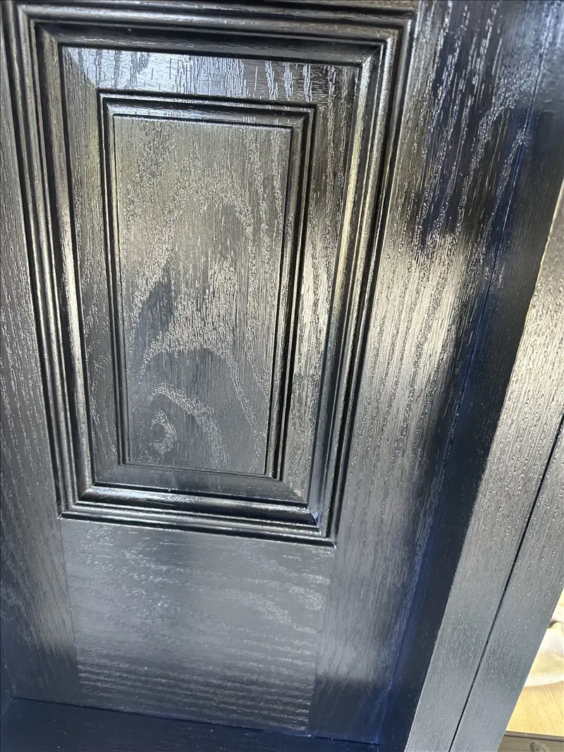 Close-up of a black paneled door with a smooth glossy finish